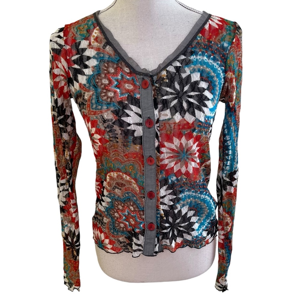 Neesh by DAR Orange/Tan/Aqua Geometric Print Textured Knit Button Front Top XS
